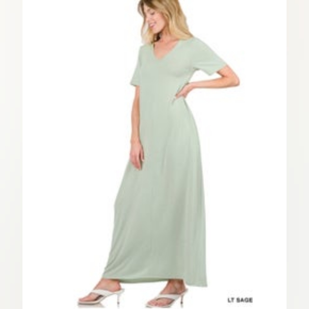 Zenana Short Sleeve Maxi Dress with Pockets sage